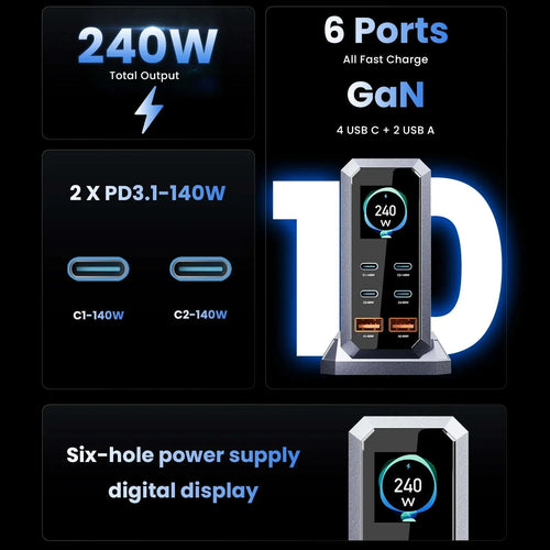 240W GaN Desktop Charger 6-Port USB-C PD3.1 Fast Charging Station
