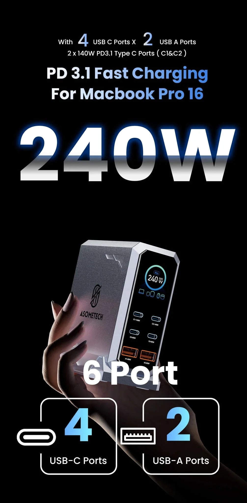 240W GaN Desktop Charger 6-Port USB-C PD3.1 Fast Charging Station