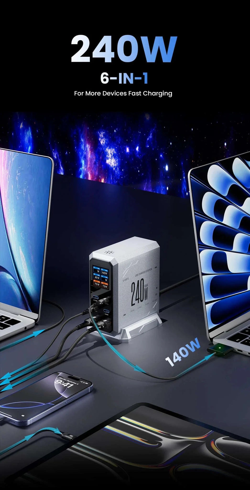 240W GaN Desktop Charger 6-Port USB-C PD3.1 Fast Charging Station