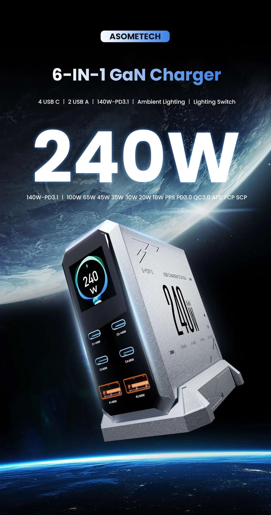 240W GaN Desktop Charger 6-Port USB-C PD3.1 Fast Charging Station