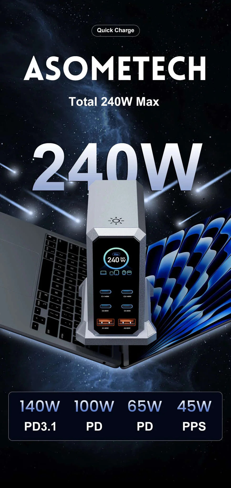 240W GaN Desktop Charger 6-Port USB-C PD3.1 Fast Charging Station