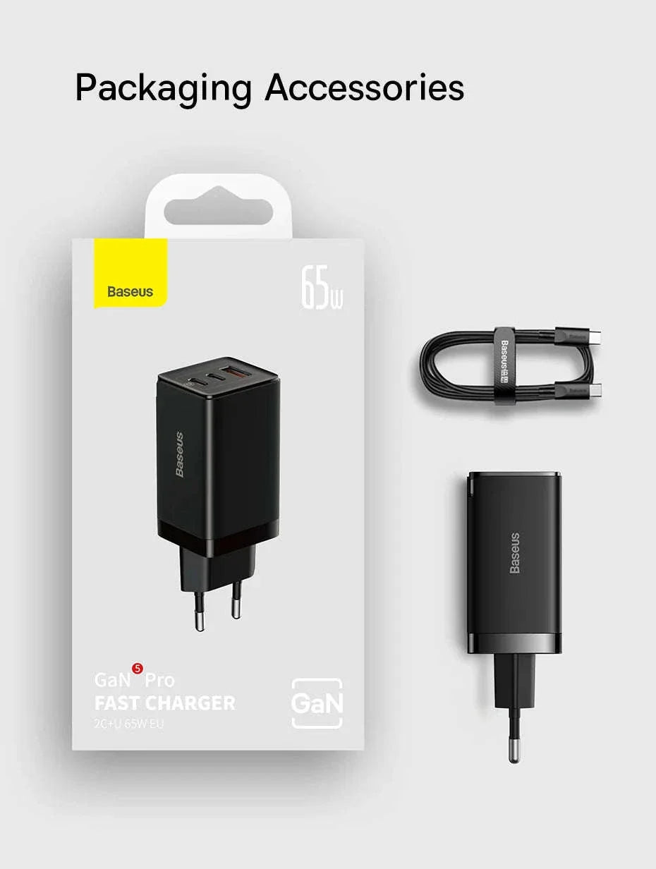 65W GaN Fast Charger with Dual USB-C & USB Ports for Laptop Phone