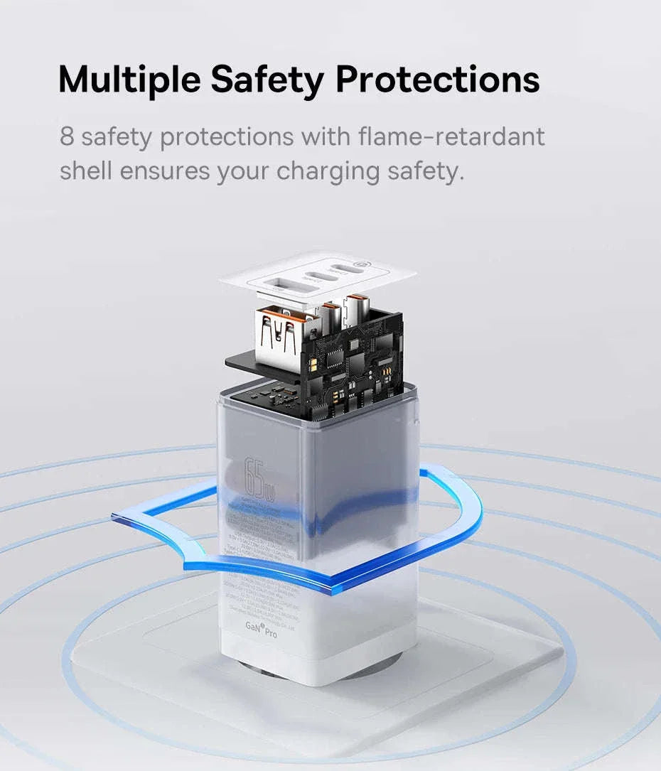 65W GaN Fast Charger with Dual USB-C & USB Ports for Laptop Phone