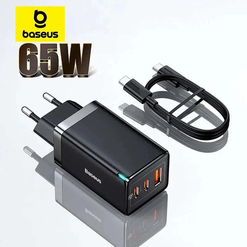 65W GaN Fast Charger with Dual USB-C & USB Ports for Laptop Phone