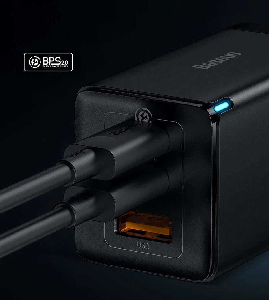 65W GaN Fast Charger with Dual USB-C & USB Ports for Laptop Phone