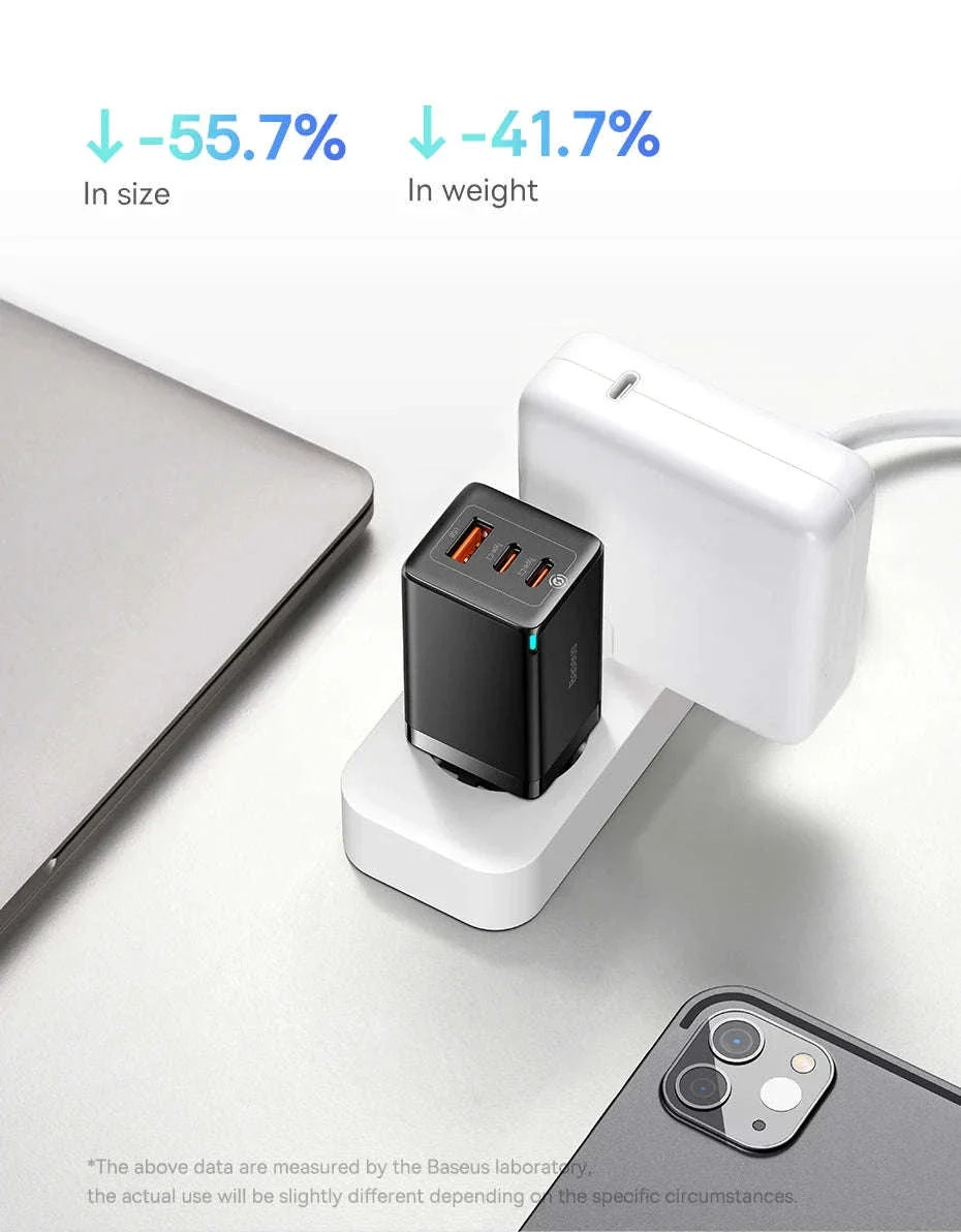 65W GaN Fast Charger with Dual USB-C & USB Ports for Laptop Phone