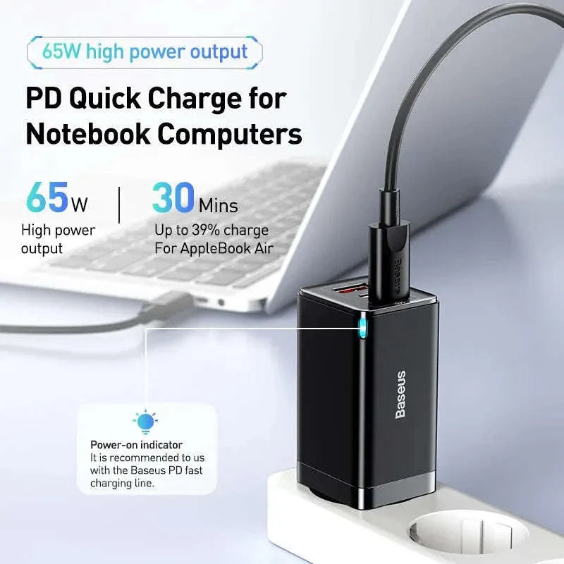 65W GaN Fast Charger with Dual USB-C & USB Ports for Laptop Phone