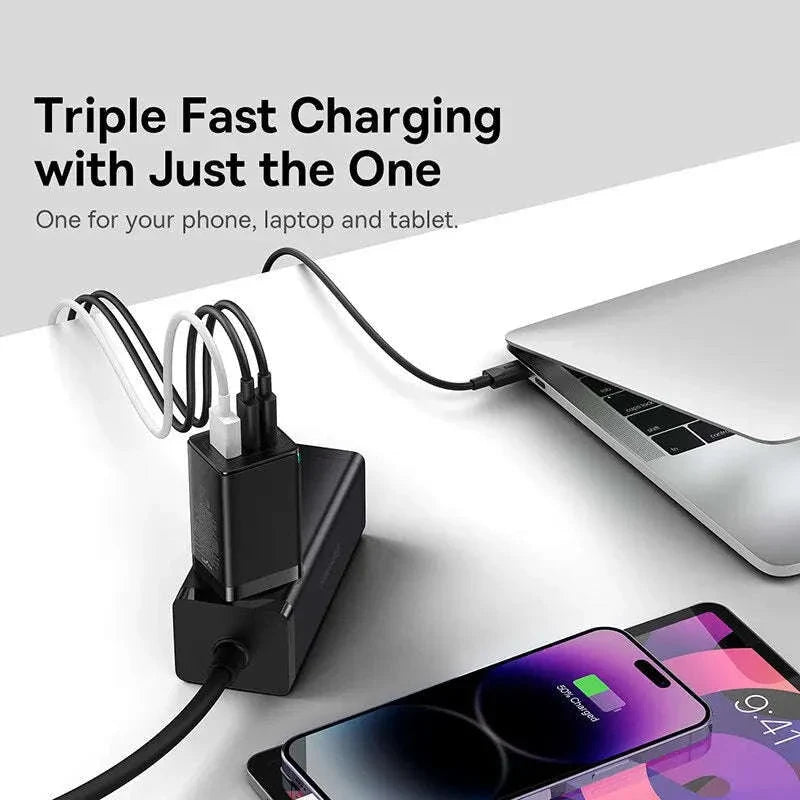 65W GaN Fast Charger with Dual USB-C & USB Ports for Laptop Phone