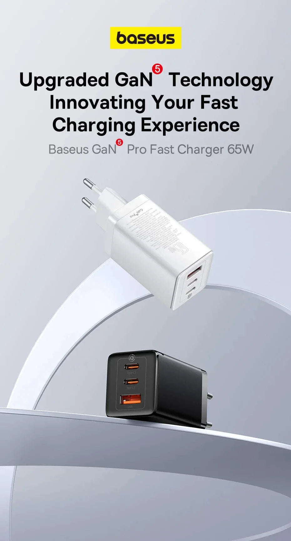 65W GaN Fast Charger with Dual USB-C & USB Ports for Laptop Phone