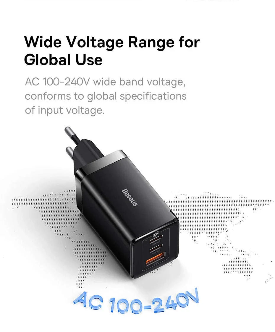 65W GaN Fast Charger with Dual USB-C & USB Ports for Laptop Phone