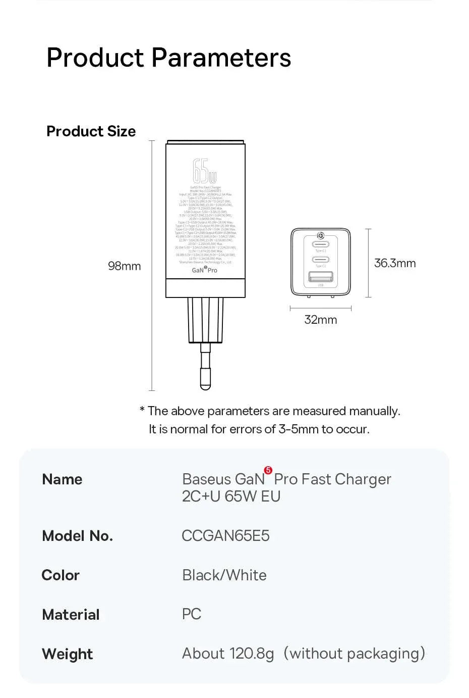 65W GaN Fast Charger with Dual USB-C & USB Ports for Laptop Phone