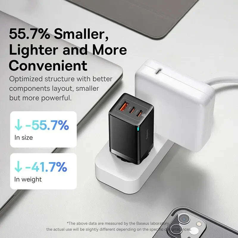 65W GaN Fast Charger with Dual USB-C & USB Ports for Laptop Phone