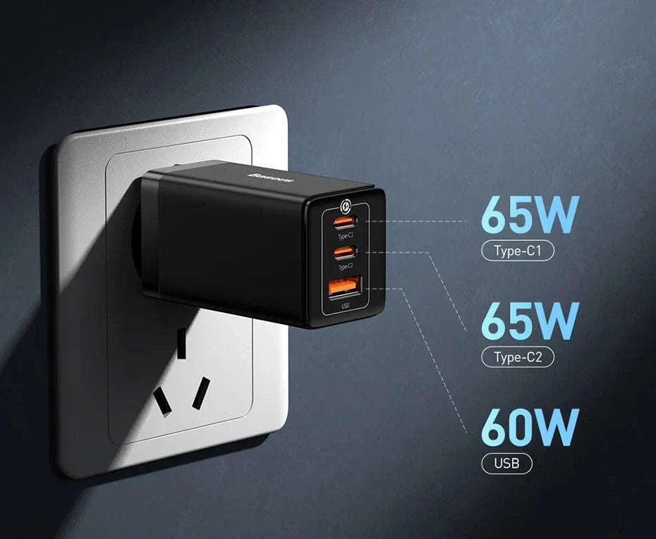 65W GaN Fast Charger with Dual USB-C & USB Ports for Laptop Phone