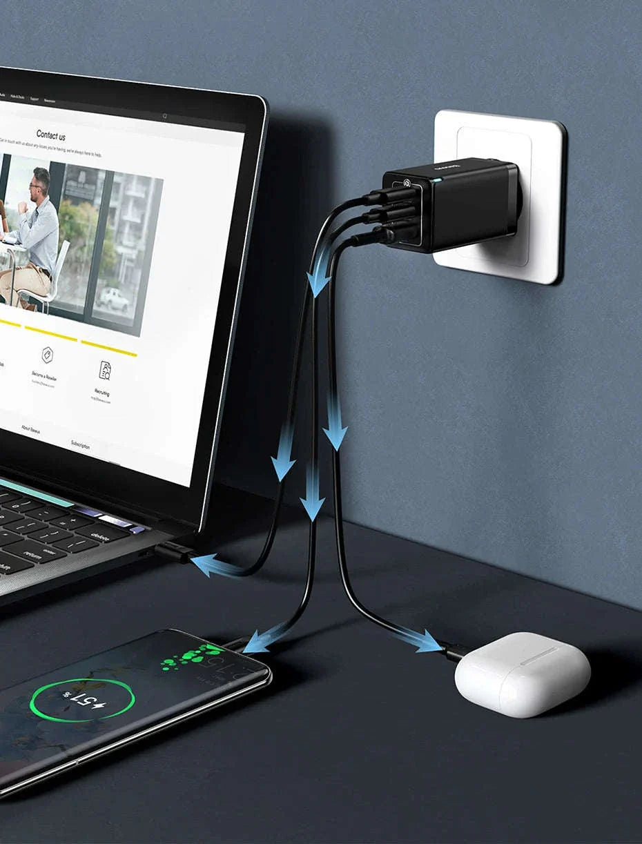 65W GaN Fast Charger with Dual USB-C & USB Ports for Laptop Phone